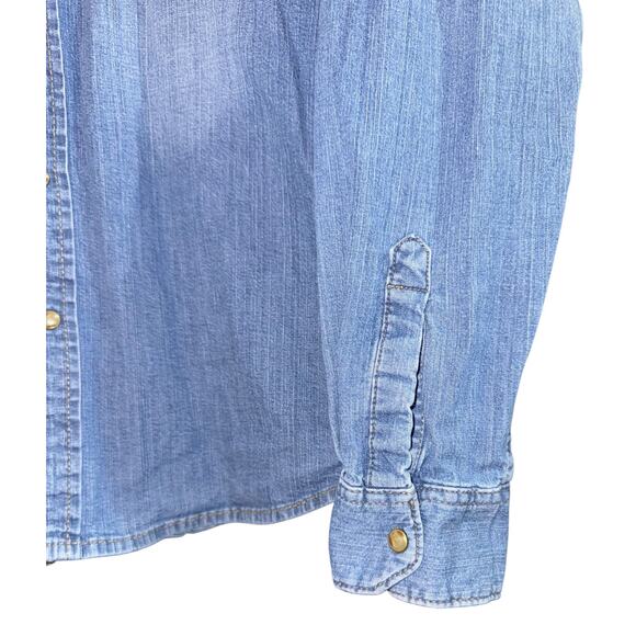 Wrangler Chambray Pearl Snap Button Up Shirt Men's XL Fisherman Distressed Fall - Picture 3 of 9